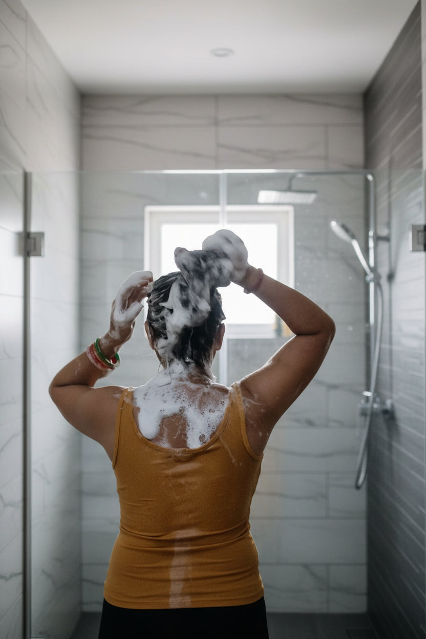 A person in a bathroom, seen from behind, washing their hair with shampoo lather while wearing a mustard yellow tank top and beige shorts. A wall-mounted exhaust fan is visible above them.