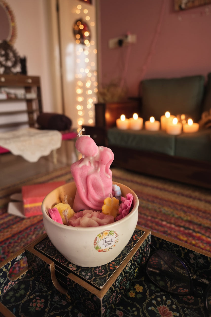 Love in Bloom couple ceramic bowl candle with pink man and woman wax sculpture and floral garden