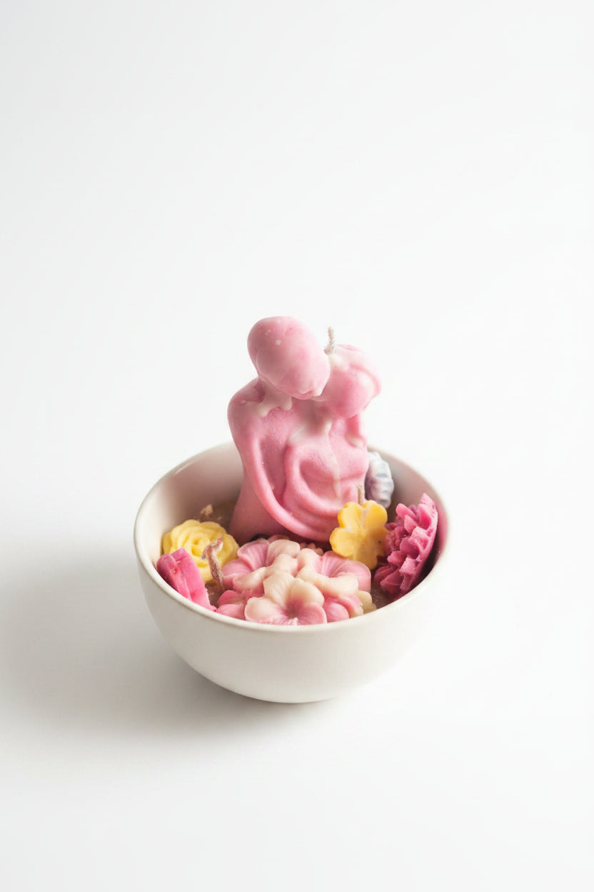 Floral Bloom Ceramic Bowl Candle - top view with pink flamingo and wax flowers