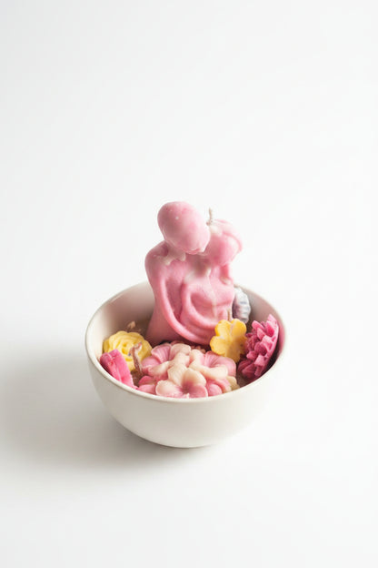 Floral Bloom Ceramic Bowl Candle - top view with pink flamingo and wax flowers