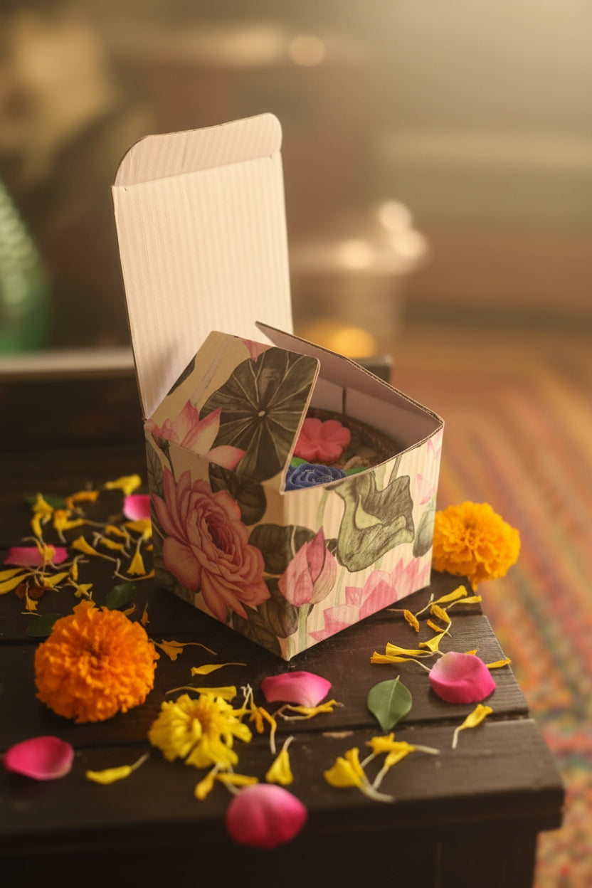 Coconut Shell Floral Soy Candle in floral gift box - open view