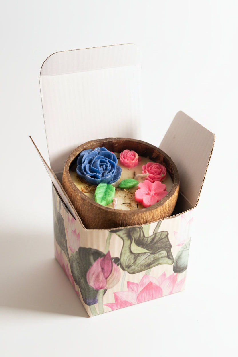 Coconut Shell Floral Soy Candle - top view with blue and pink wax roses