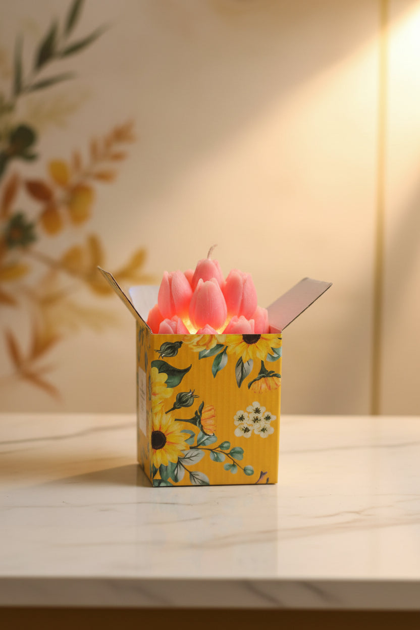 Tulip Bloom Candle in yellow floral gift box - top view