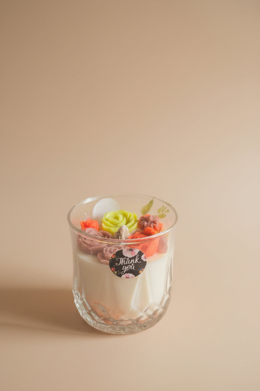 Parijat Blossom Glass Jar Candle with handcrafted wax roses and floral gift box