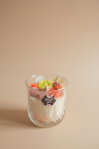 Parijat Blossom Glass Jar Candle with handcrafted wax roses and floral gift box