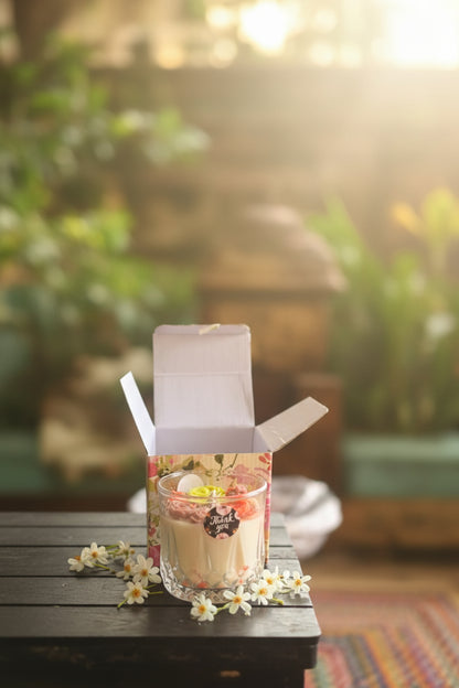 Parijat Blossom Glass Jar Candle with handcrafted wax flowers - open floral gift box