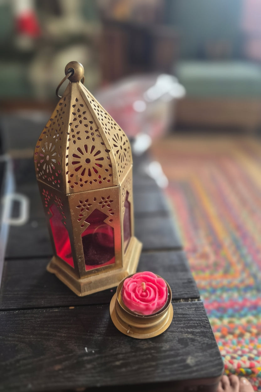 Gold Lattice Lalten Lamp Set | Handcrafted Rose Tealight Candles | Aromatic Home Decor