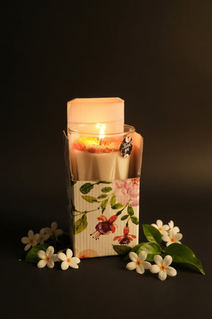 Parijat Blossom Glass Jar Candle | Handcrafted Wax Flowers | Soy Wax Aromatherapy