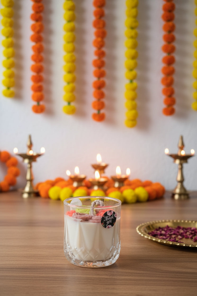 Parijat Blossom Glass Jar Candle | Handcrafted Wax Flowers | Soy Wax Aromatherapy