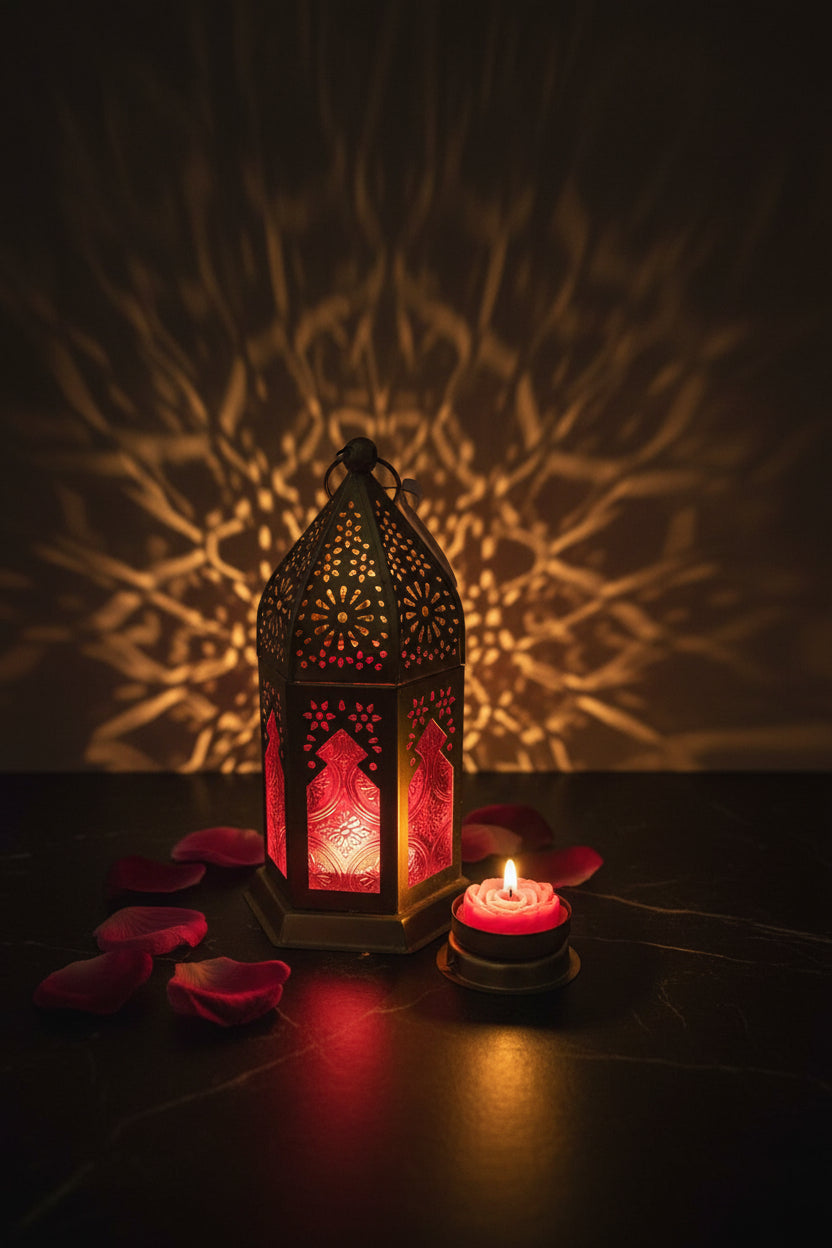 Gold Moroccan filigree lalten lamp with handcrafted pink rose tealight candle