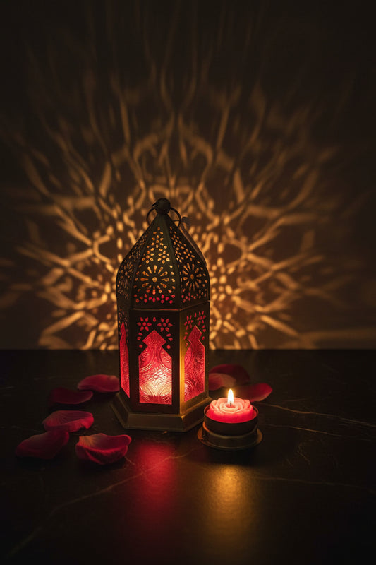 Gold Moroccan filigree lalten lamp with handcrafted pink rose tealight candle